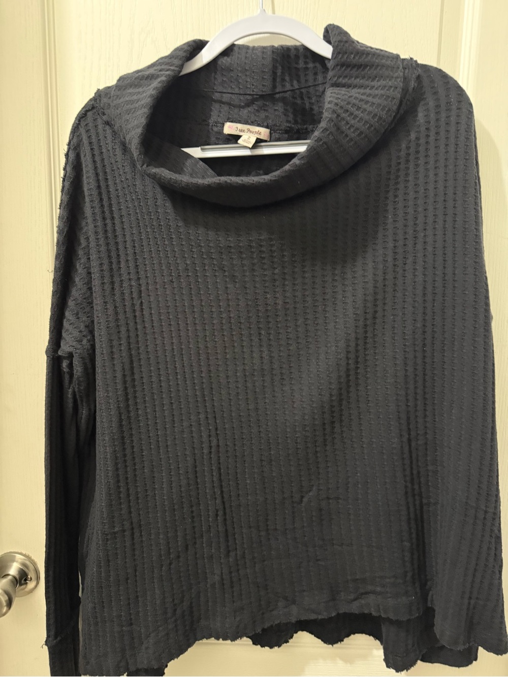 Free People Black Waffle Cowl-Neck Pullover with open back